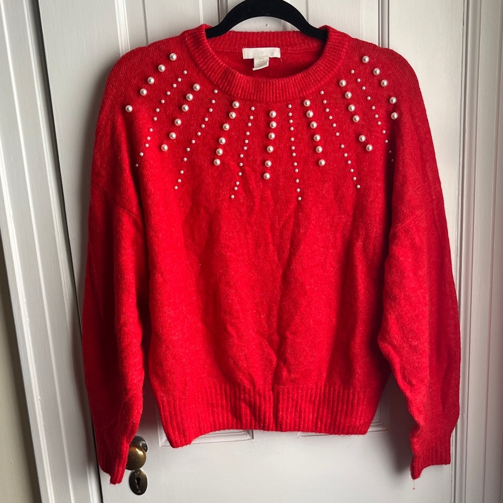 H&M Vibrant Red Sweater with Pearl Details Women’s Medium